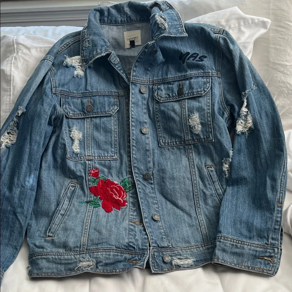 Distressed Blue Denim Jacket with Red Rose Embroidery- HIDDEN. - Picture 1 of 12